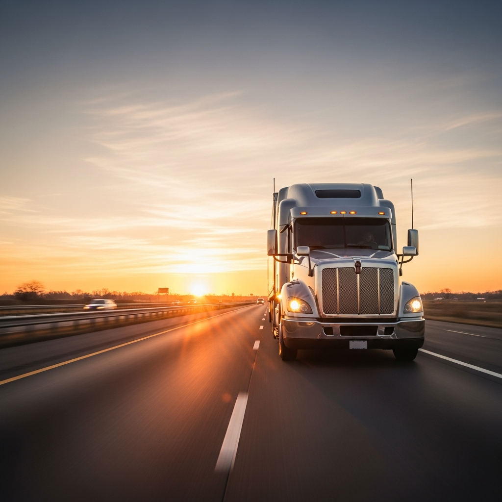 A sleeper-cab tractor unit running a highway lane at sunrise.